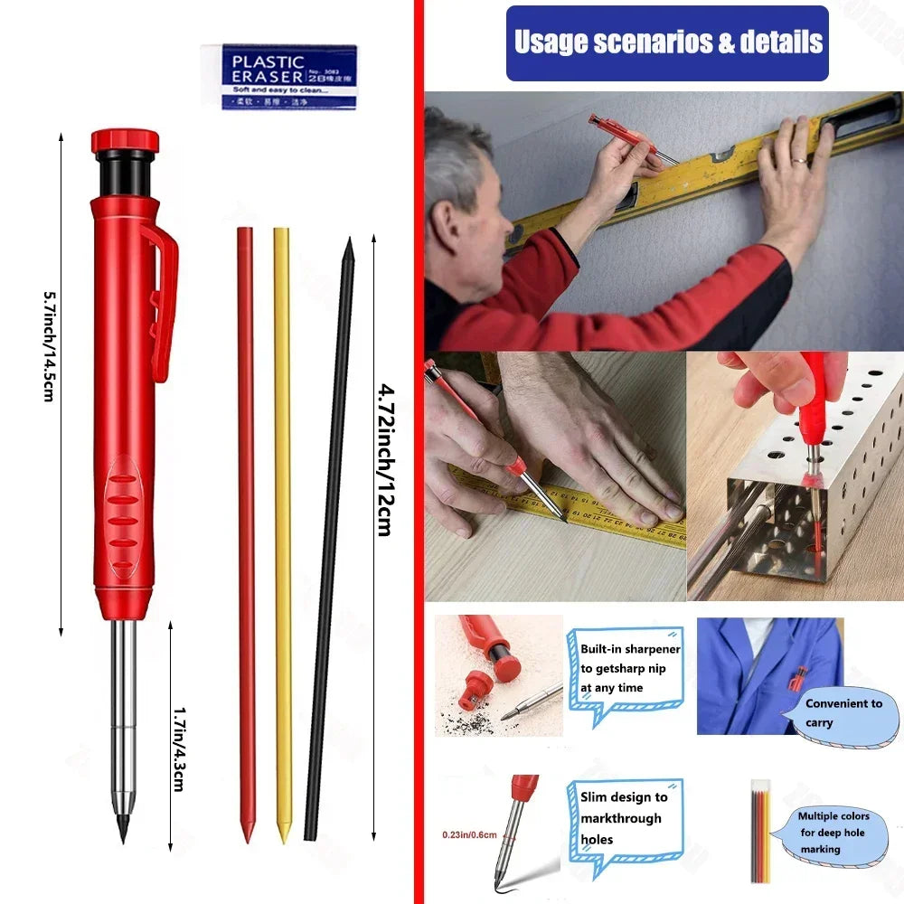 Professional Carpenter Pencil Metal Long Head Deep Hole Marker Tool for Woodworking