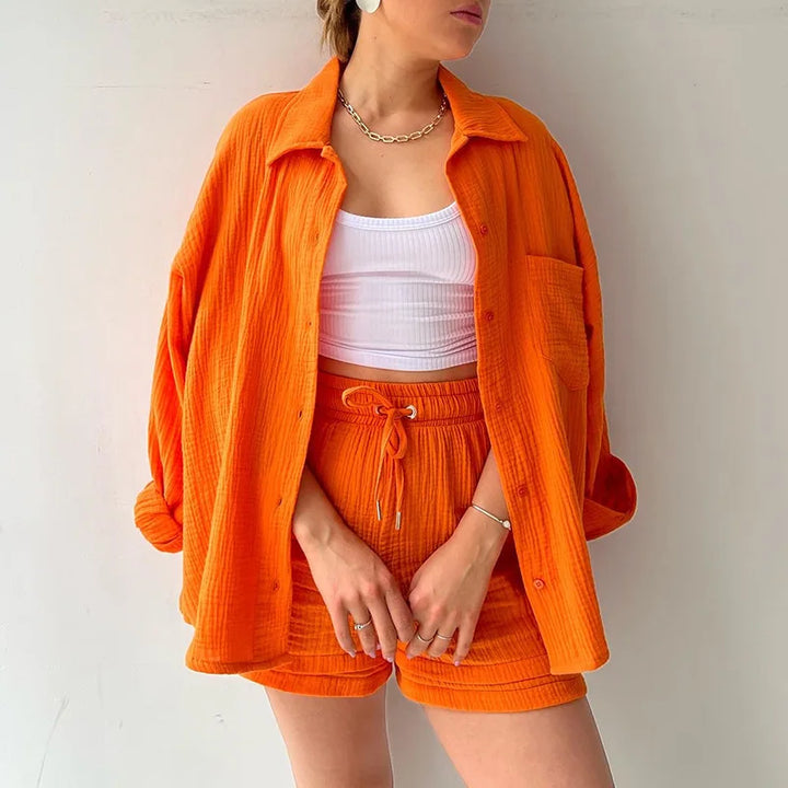 Women Two-Piece Set Orange Wrinkled Lapel Shirt &amp; High-Waisted Shorts Fashion Suit