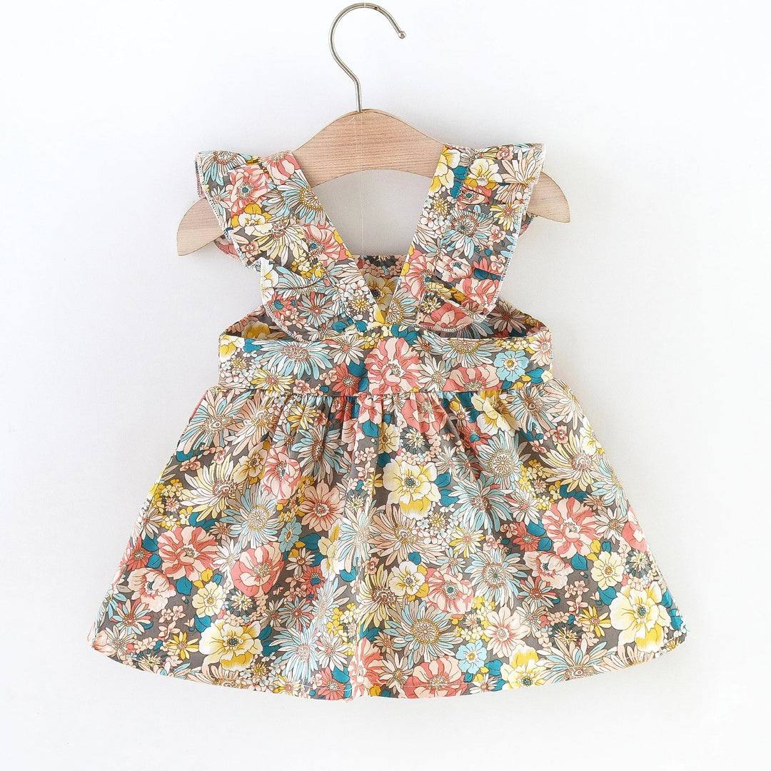 Soft Cozy Baby Girl Dress - Floral Flutter Sleeve, Polyester, For Summer Outings And Playtime