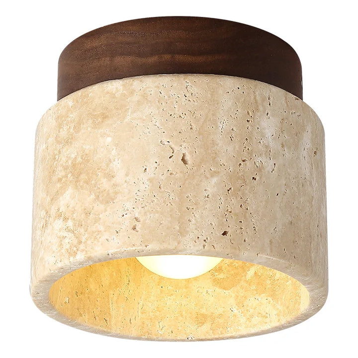 Japandi Travertine Ceiling Light Wood Cap Round Mid Century Lamp