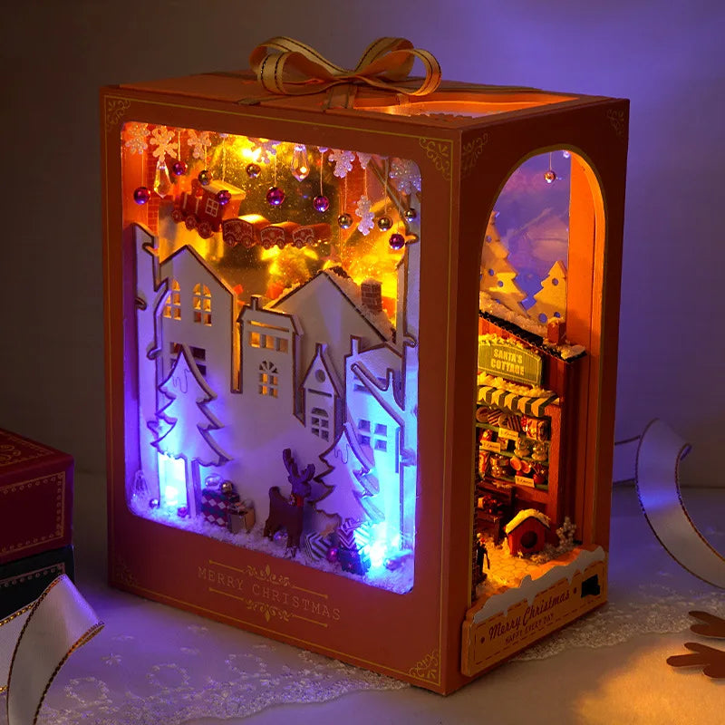 Book Nook Miniature DIY Hut Christmas Cabin Dollhouse Insert Creative Puzzle Gift