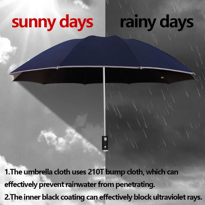 Fully Automatic Folding Waterproof Umbrella with LED Flashlight and UV Sunshade for Rain and Wind Resistance