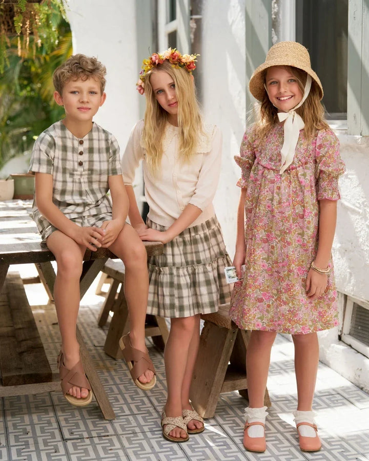 Soft Unisex Kids’ Matching Outfits – Plaid Grid, Floral, 100% Cotton, Summer Casual Wear