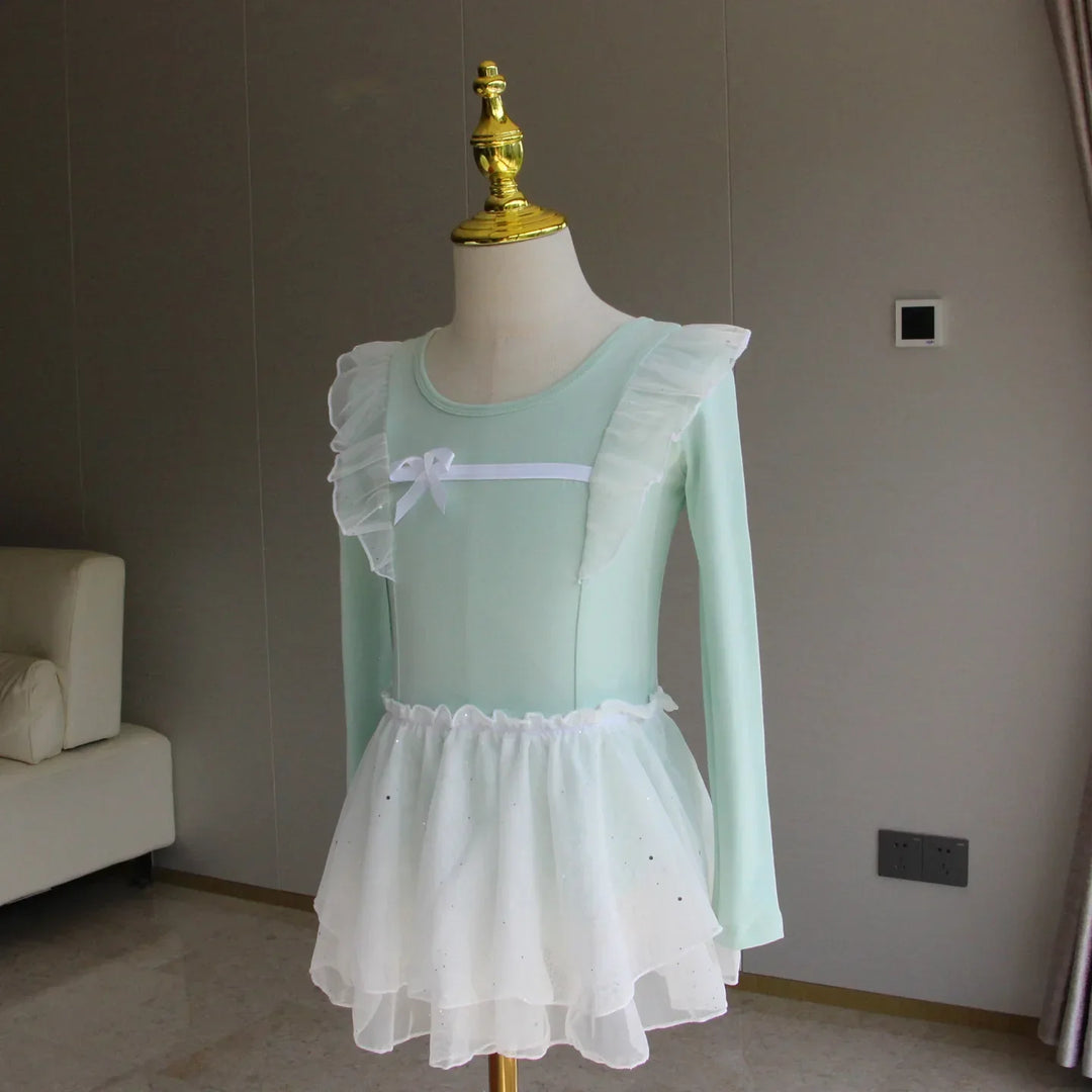 Lightweight girls ballet leotard set - puff-sleeve top, tulle tutu skirt, polyester, for dance class
