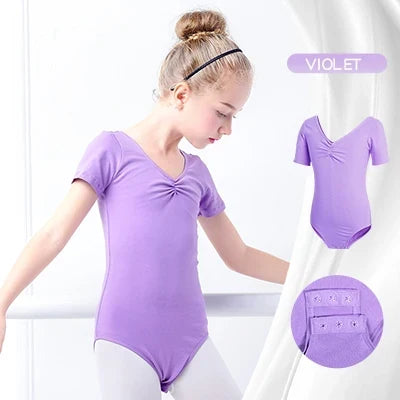 Soft girls ballet leotard - drawstring neckline, ruched front, cotton knit, for dance class