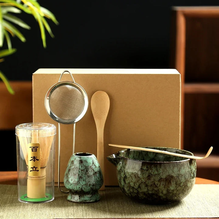 Matcha Tea Set Ceramic Bowls With Bamboo Whisk 6 Piece