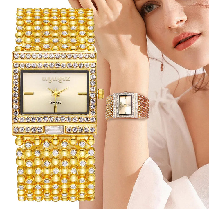 Gold Watch – Diamond Set Square Dial Ladies Quartz Wristwatch, Crystal Band, Fall 2026 Gift Idea