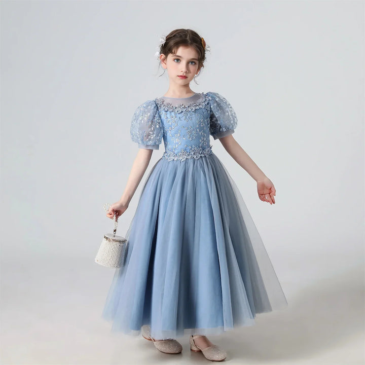 Soft Girls’ Lace-Embroidered Princess Dress - Puff Sleeve, Polyester, For Weddings and Parties