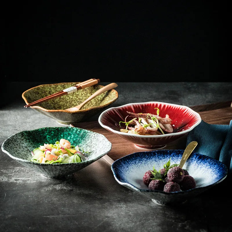 Japanese Ceramic Noodle Bowl Lotus Pattern Salad Bowl