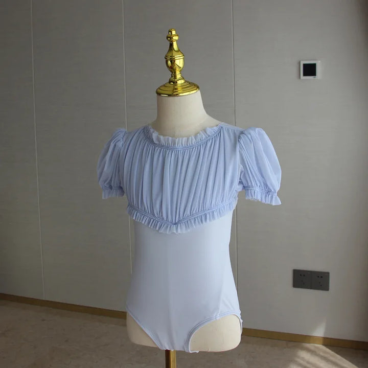 Lightweight girls ballet leotard set - puff-sleeve top, tulle tutu skirt, polyester, for dance class