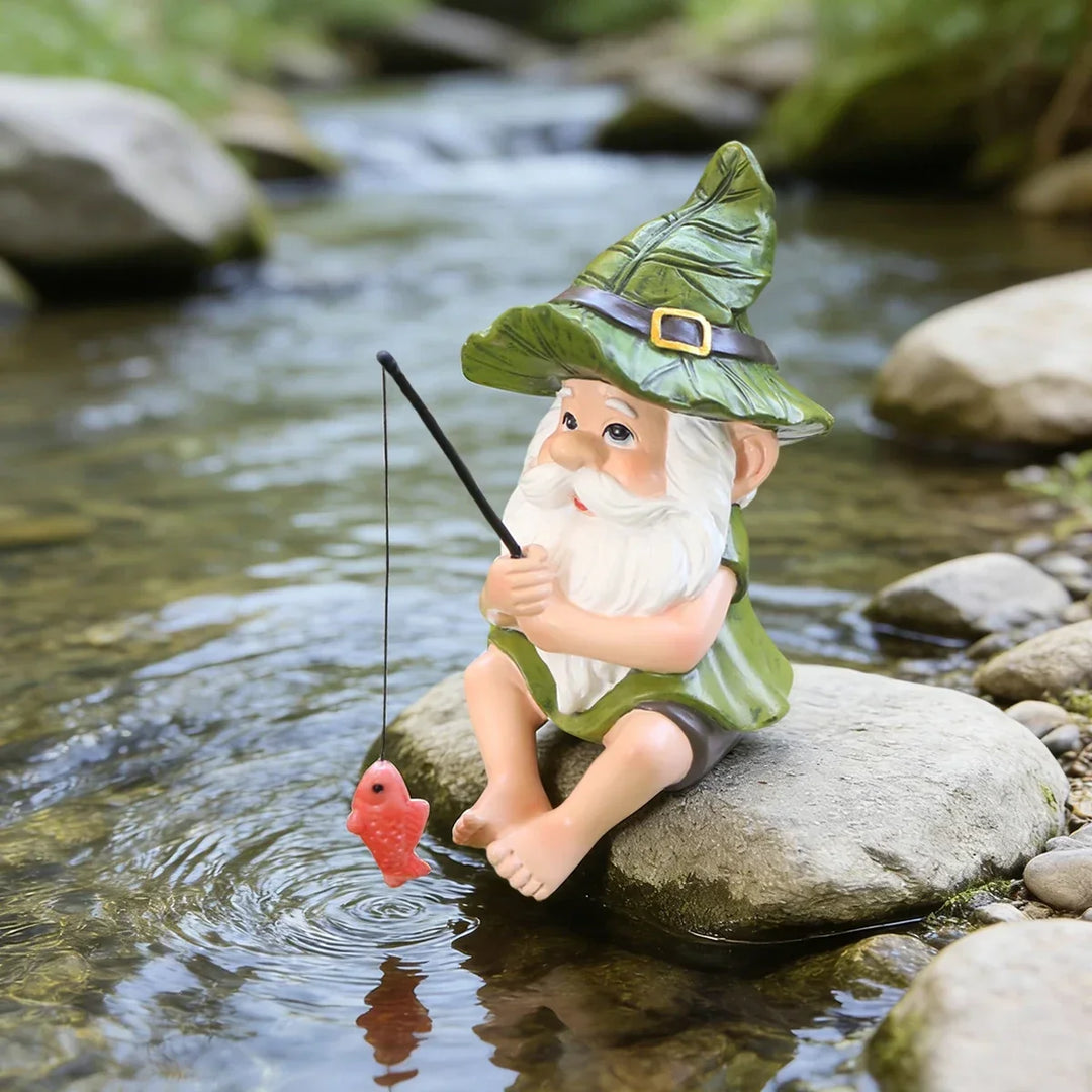 Garden Gnome Fishing Statue Resin Outdoor Ornament Saint Patrick&