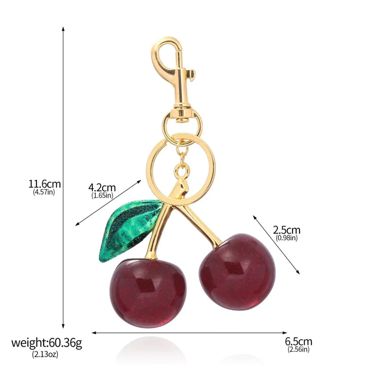 Red Cherry Keychain Bag Charm With Gold Leaf Lobster Clasp
