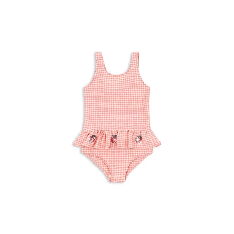 Lightweight Girls Swimsuit – long sleeve one-piece, plaid print, strawberry sequin accents, polyester, nylon, for summer
