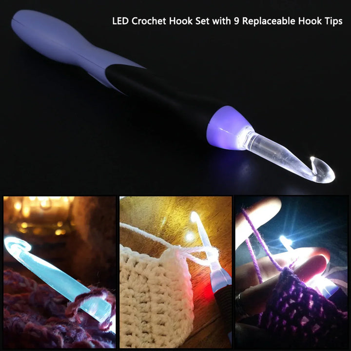 9PCS LED Light Up Crochet Hook Set - USB Rechargeable Knitting Tool 2.5-6.5MM for DIY Crafts