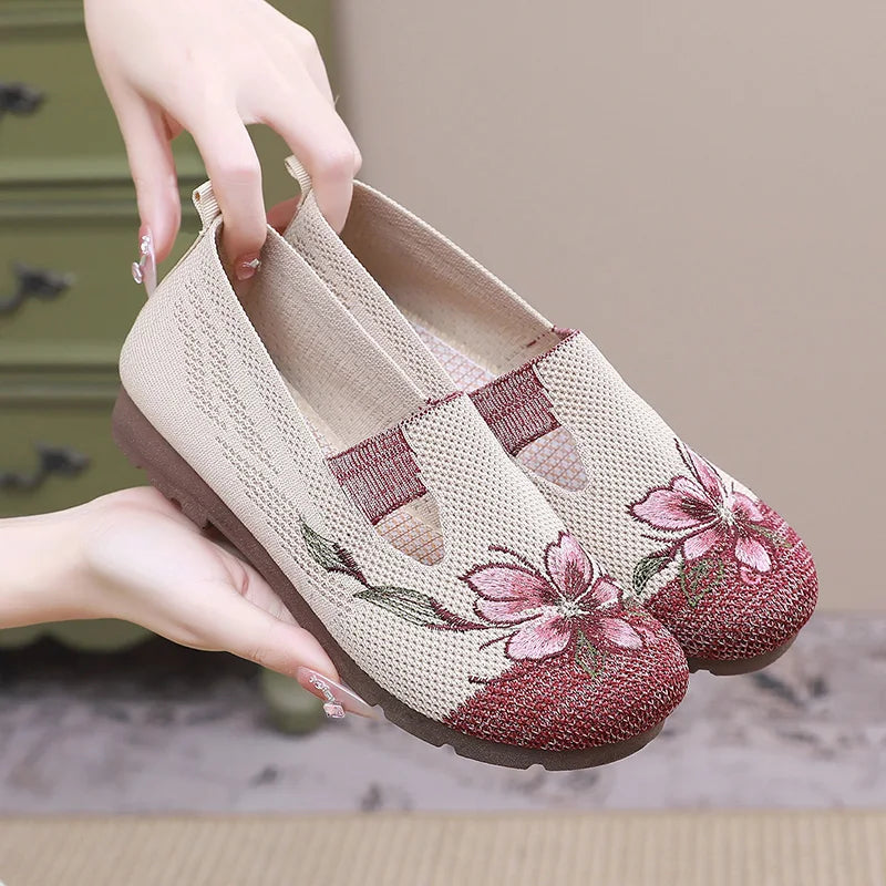 Breathable Women’s Flats - Slip-On Mesh, Embroidered