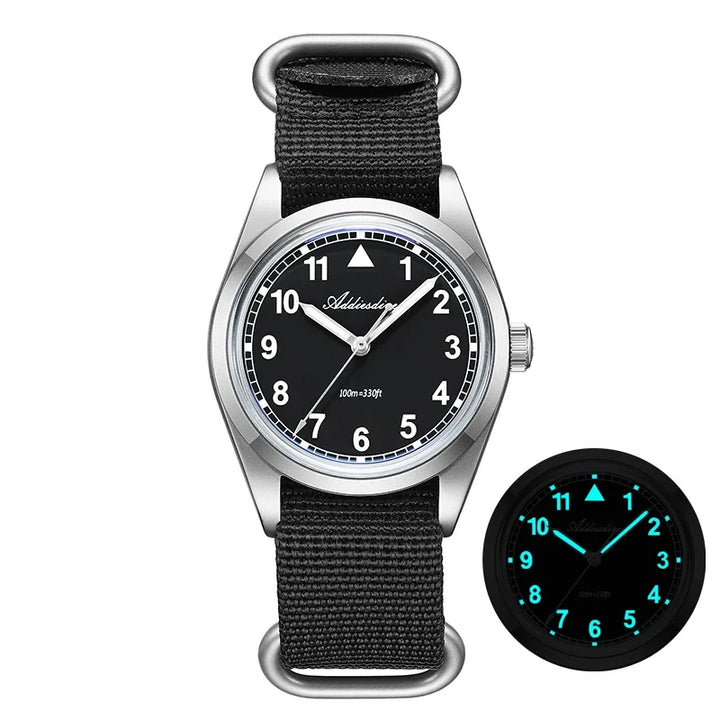 Waterproof Diver Quartz Watch Luminous Hands, Nylon Strap, 100m Water Resistance