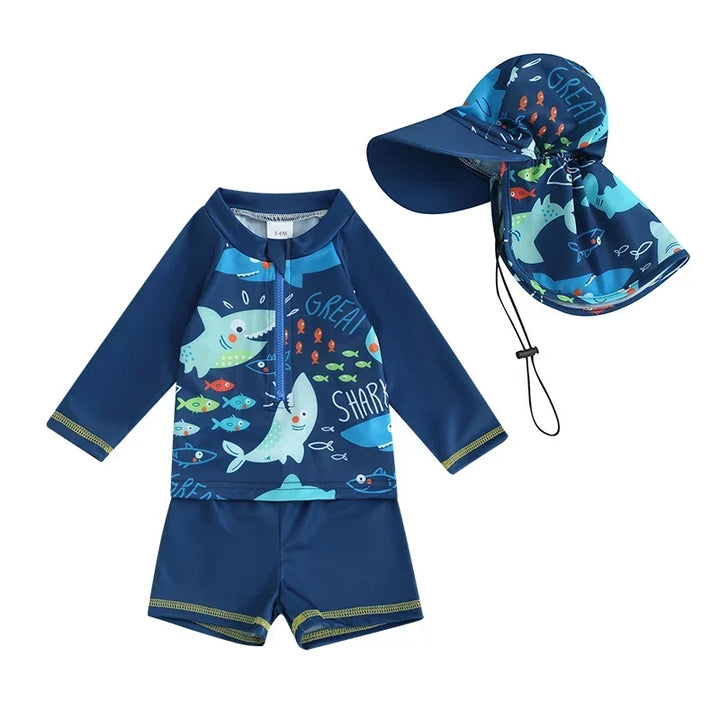 Quick-dry baby boys rash guard swimsuit set - long sleeve zip-up, fish print, polyester, summer beachwear