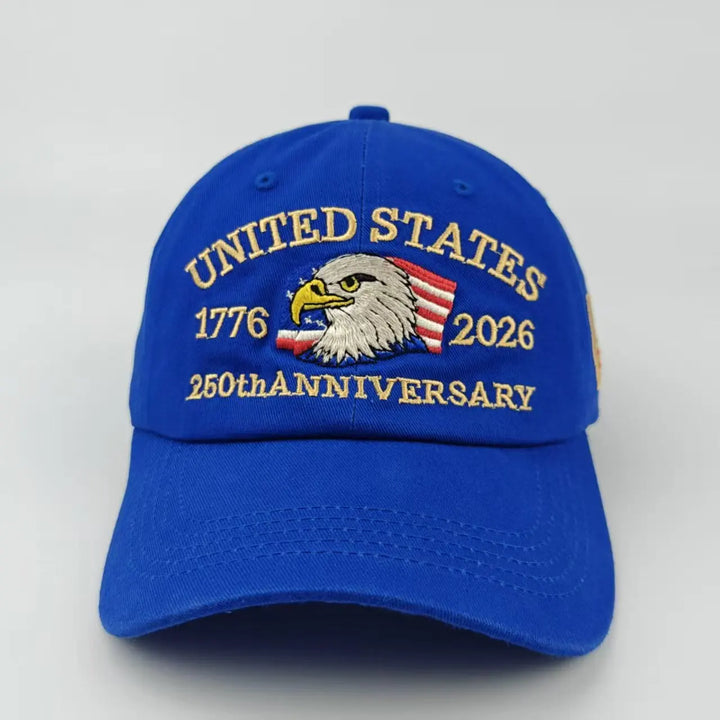 Breathable unisex baseball cap - Eagle-embroidered, flag-patch, six-panel curved-brim, cotton crown, 250th anniversary