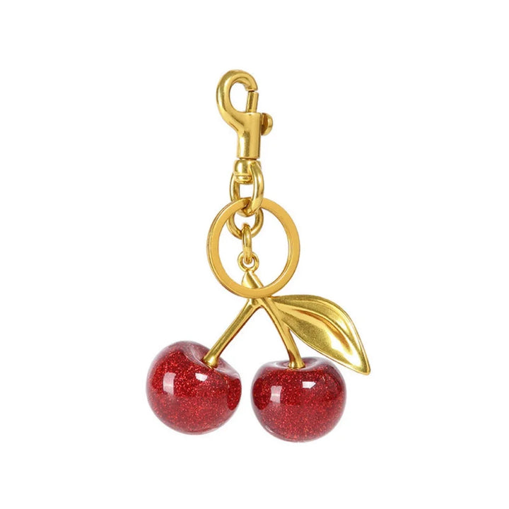 Red Cherry Keychain Bag Charm With Gold Leaf Lobster Clasp