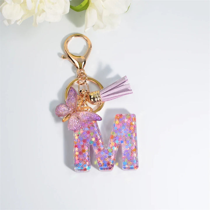 Sequin Letter Keychain With Butterfly Tassel Charm