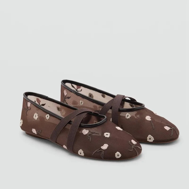 Lightweight Women Ballet Flats - Mary Jane, Embroidered Mesh