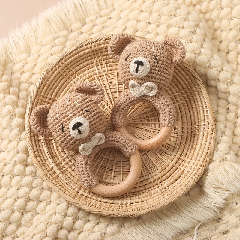 Crochet Bear Teether Rattle Ring Newborn Sensory Toys
