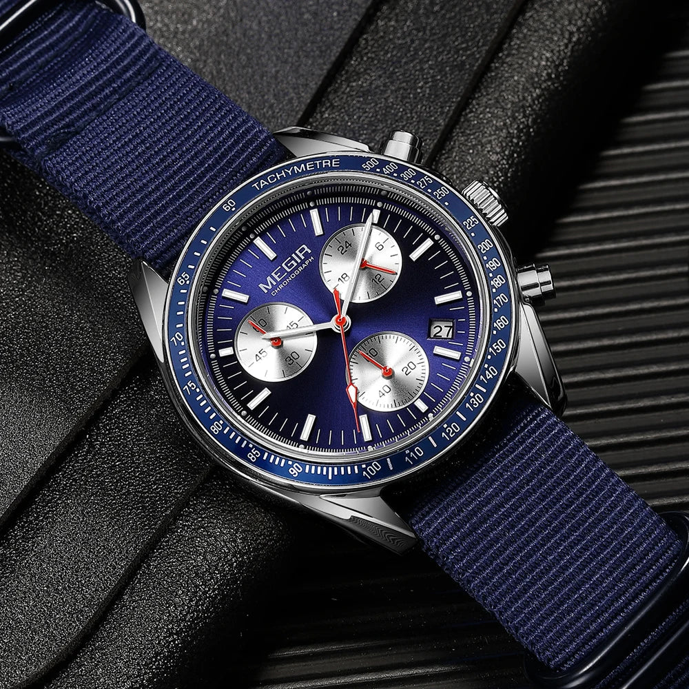 Quartz Chronograph Watch Blue Nylon Strap Waterproof
