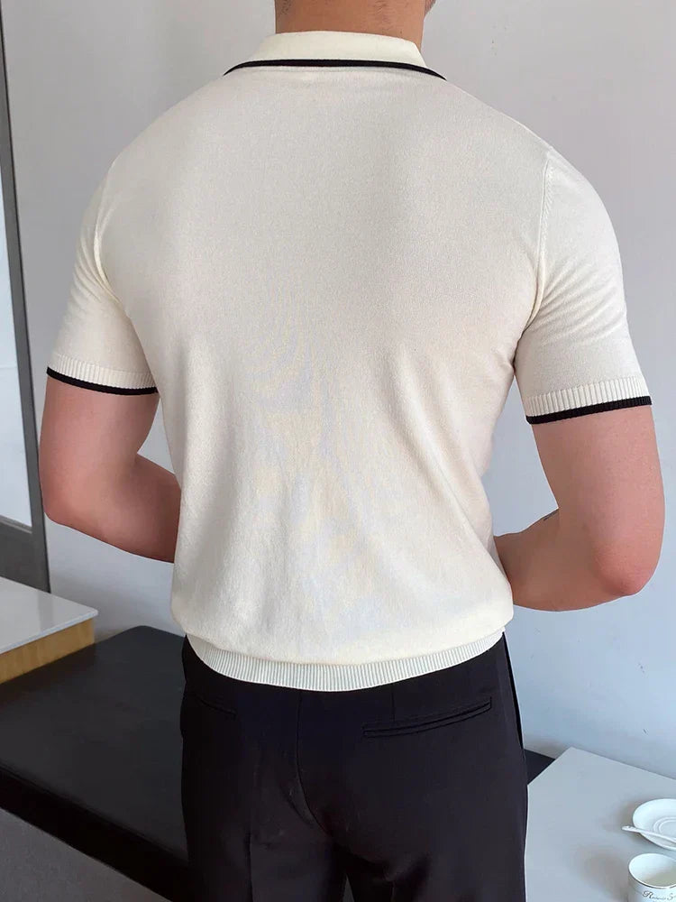 Modern Cotton Patchwork Polo Shirt for Men, Short Sleeves, Breathable Fabric, Tailored Fit Golf Shirt