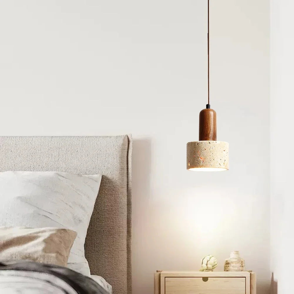 Japandi Japanese Pendant Light Wood And Travertine Bedside Lamp