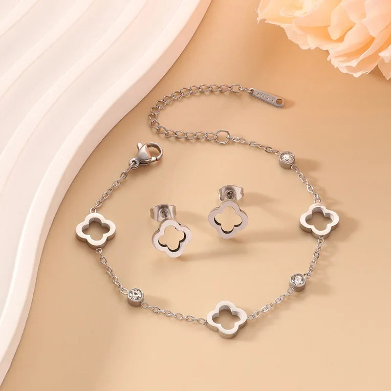 Clover Flower Stainless Steel Bracelet Set Gold Gift