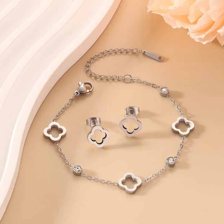 Clover Flower Stainless Steel Bracelet Set Gold Gift
