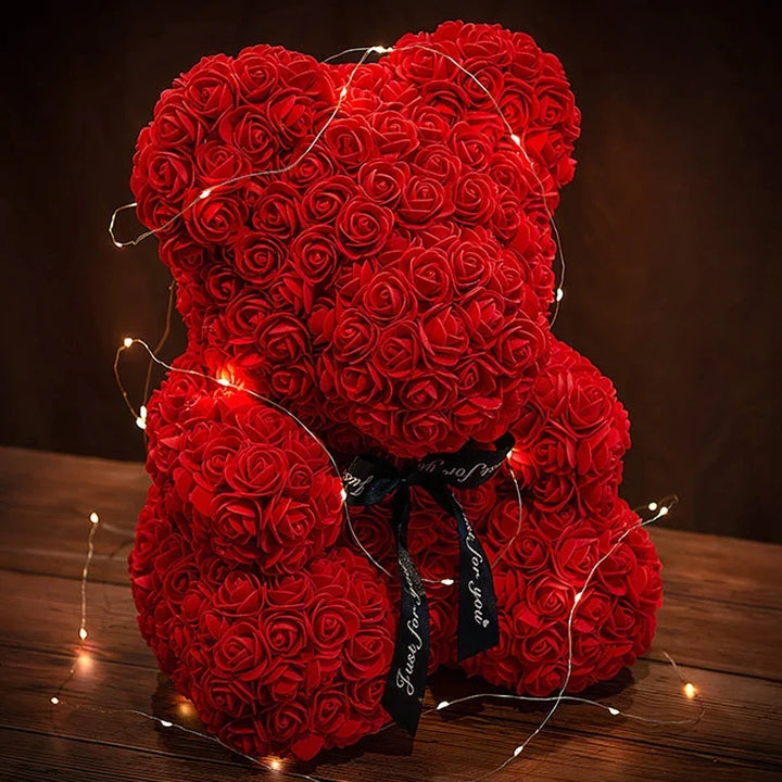 Faux Rose Teddy Bear with Gift Box and Lights - Romantic Anniversary or Valentine&