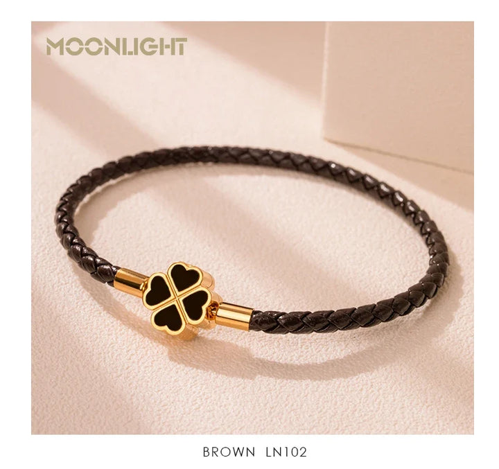 Four Leaf Clover Braided Leather Lucky Bracelet Gift
