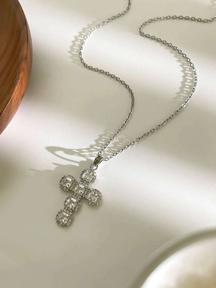 Cross Pendant Necklace Gold Tone - Cubic Zirconia Jewelry, Stainless Steel Chain, Fall 2026 Gift Idea