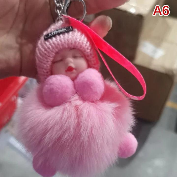 Pompom Sleeping Baby Keychain Plush Bag Charm Cute Gift