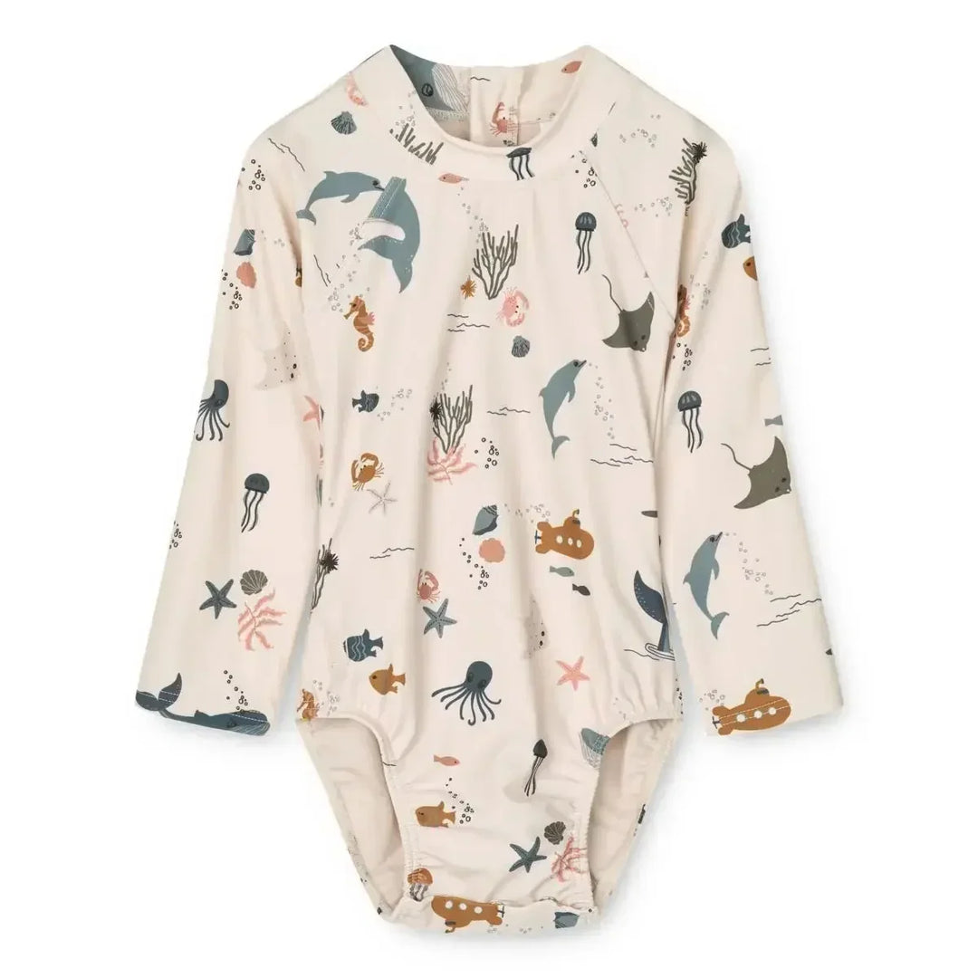 Quick-dry Kids’ Swimwear Set – Rash Guard &amp; Hat, Nylon, Cartoon Seagull Star Print, Beach Holidays