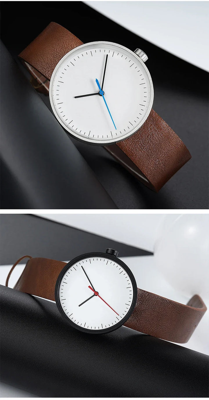 Classic unisex quartz wristwatch – leather strap, round dial, minimalist everyday timepiece