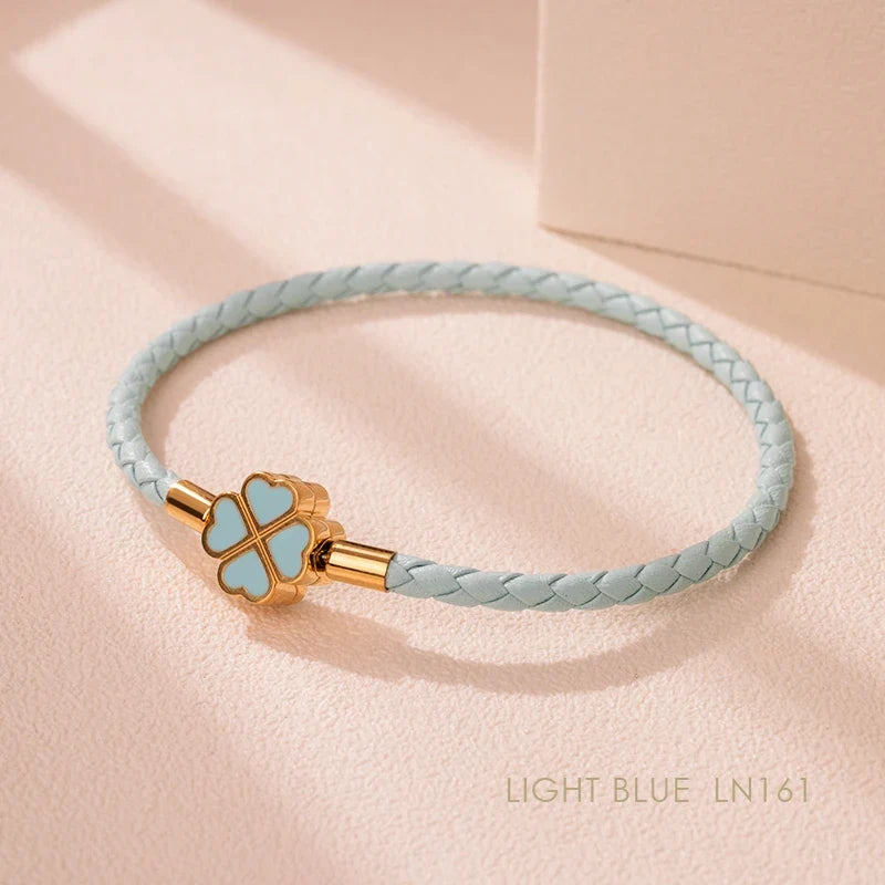 Four Leaf Clover Braided Leather Lucky Bracelet Gift
