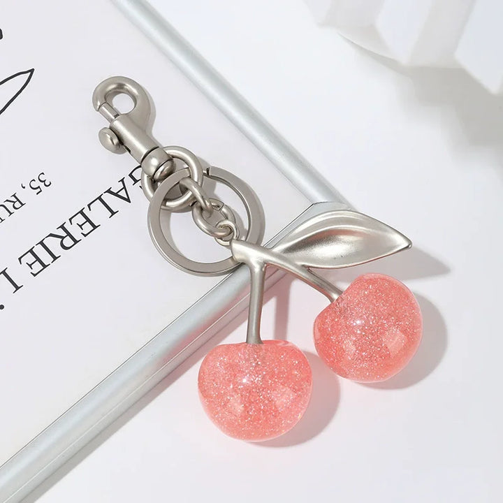 Red Cherry Keychain Bag Charm With Gold Leaf Lobster Clasp