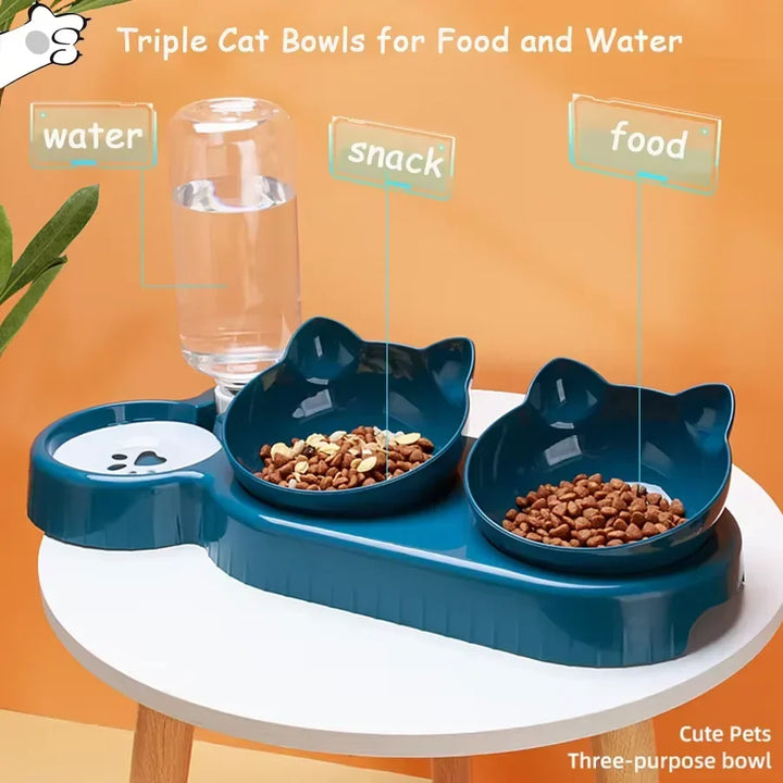 Triple Cat Bowls Pet Feeder with Automatic Drinking Bottle, Tilted Design for Cats and Dogs