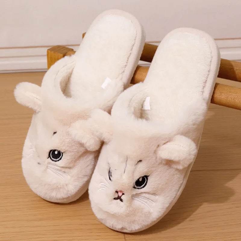 Warm Cozy Women’s Slippers - Cat-face Plush Design, Short Plush Lining, Indoor Use