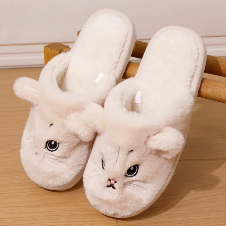Warm Cozy Women’s Slippers - Cat-face Plush Design, Short Plush Lining, Indoor Use