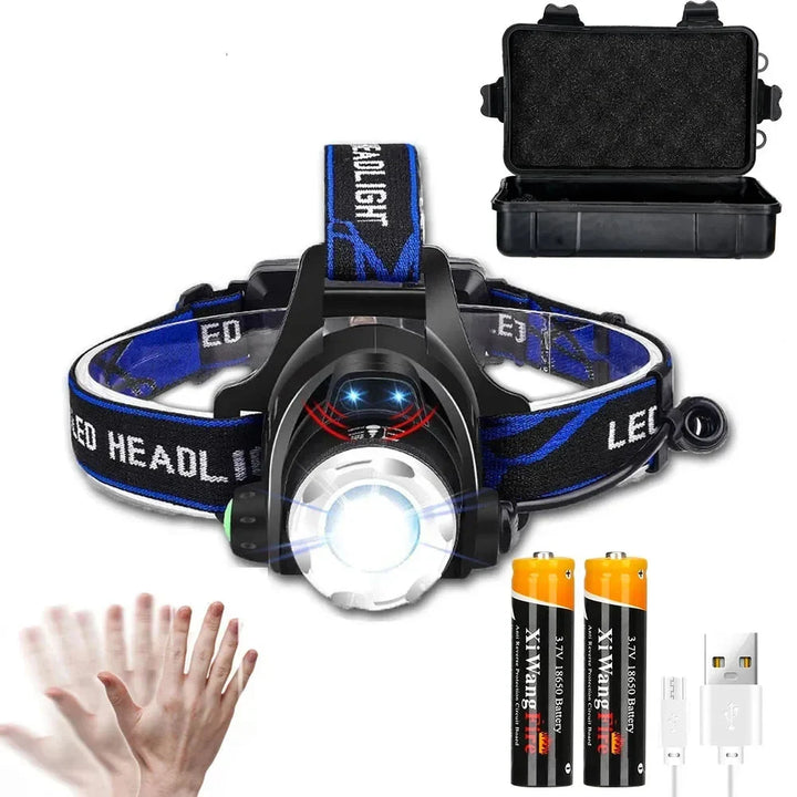 Powerful LED Induction Headlamp with Box - USB Rechargeable Waterproof 1000 Lumen Outdoor Torch