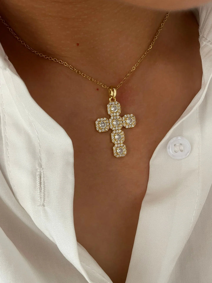 Cross Pendant Necklace Gold Tone - Cubic Zirconia Jewelry, Stainless Steel Chain, Fall 2026 Gift Idea