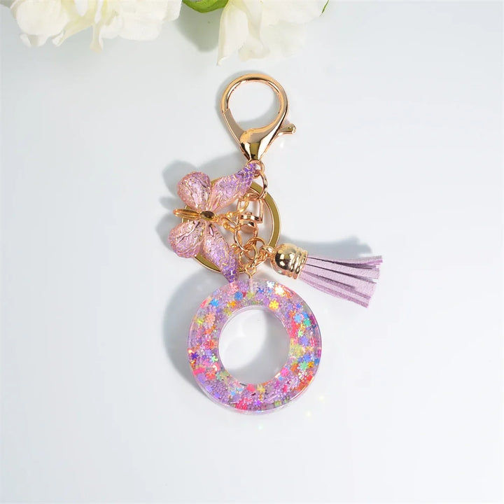 Sequin Letter Keychain With Butterfly Tassel Charm