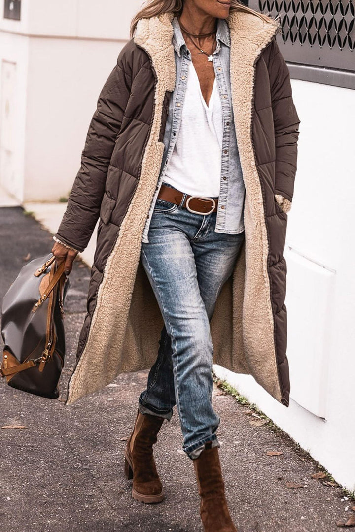 Warm Women’s Reversible Long Coat - Quilted Sherpa Hooded