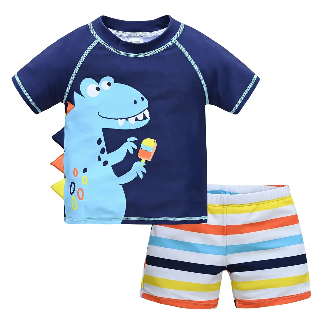Quick-Dry Boys Swimwear - Two-Piece Cartoon Print Set, Polyester/Nylon/Spandex, Summer Beachwear