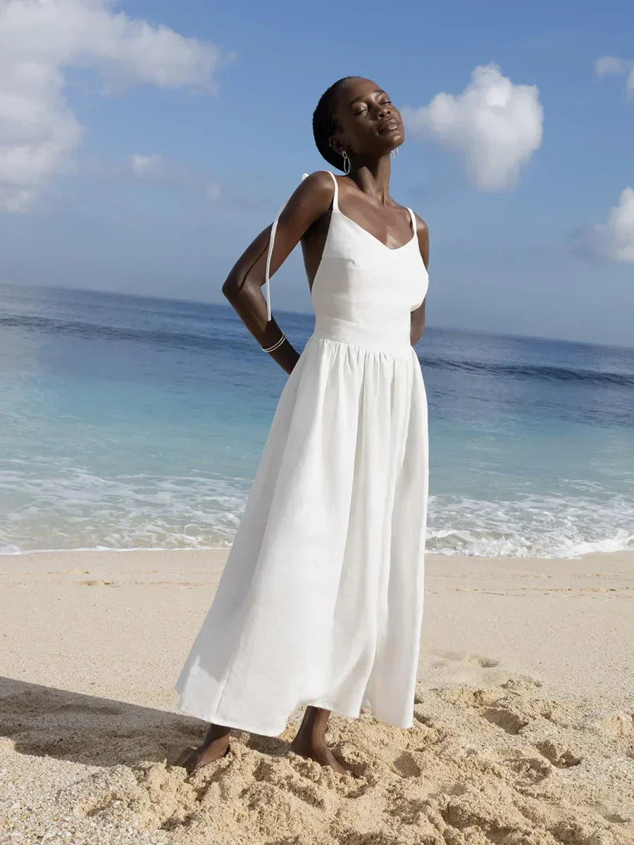 Elegant Summer Rug in Natural Linen and Cotton Blend, A-Line Design, Backless with Adjustable Straps, Ankle Length, Machine Washable
