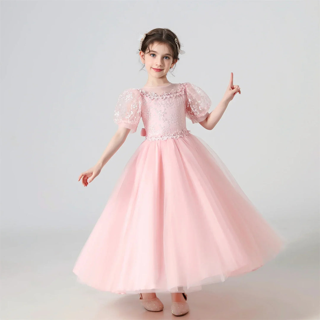 Soft Girls’ Lace-Embroidered Princess Dress - Puff Sleeve, Polyester, For Weddings and Parties