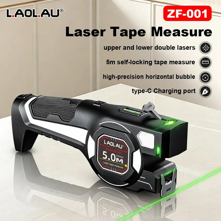 LAOLAU 2-in-1 Laser Tape Measure 5M/16FT – Type-C Rechargeable Class II Laser Auto-Lock Tool 2026